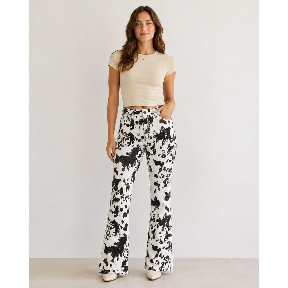 Dakota Blue Flare Jeans Womens 9/29 White NWT Cow Print High Rise Western